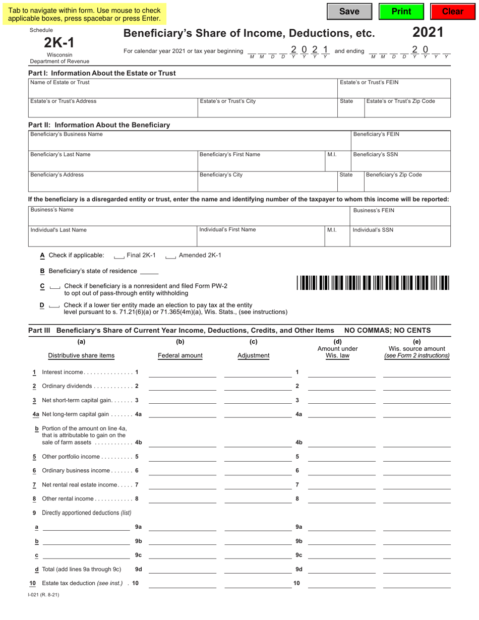 Form I-021 Schedule 2K-1 - 2021 - Fill Out, Sign Online and Download ...