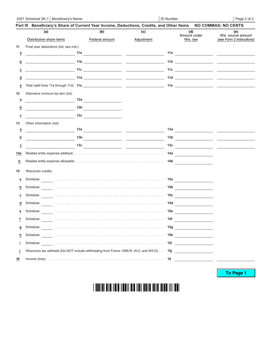 Form I-021 Schedule 2K-1 Beneficiarys Share of Income, Deductions, Etc. - Wisconsin, Page 2