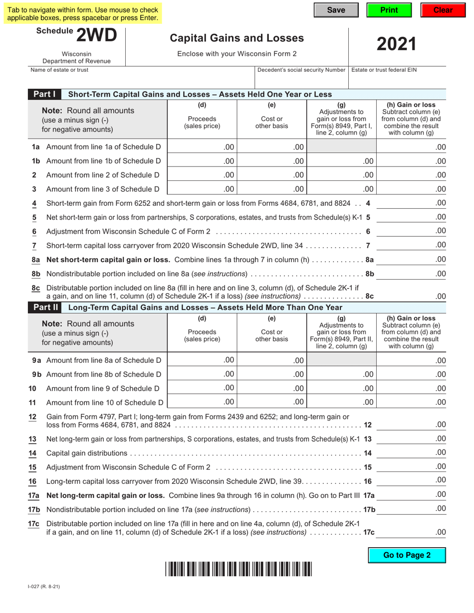 Form I-027 Schedule 2WD Capital Gains and Losses - Wisconsin, Page 1