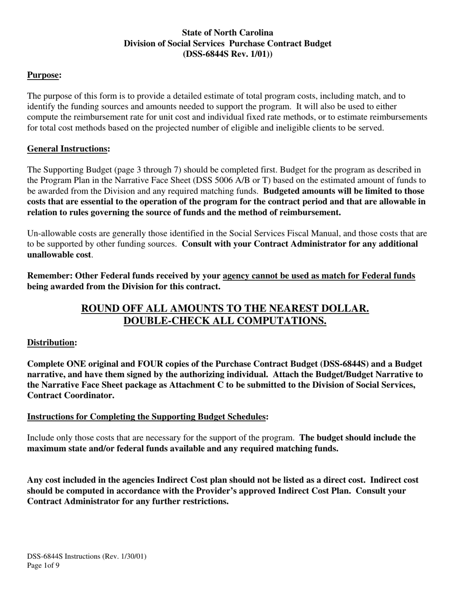 Instructions for Form DSS-6844S Purchase Contract Budget - North Carolina, Page 1