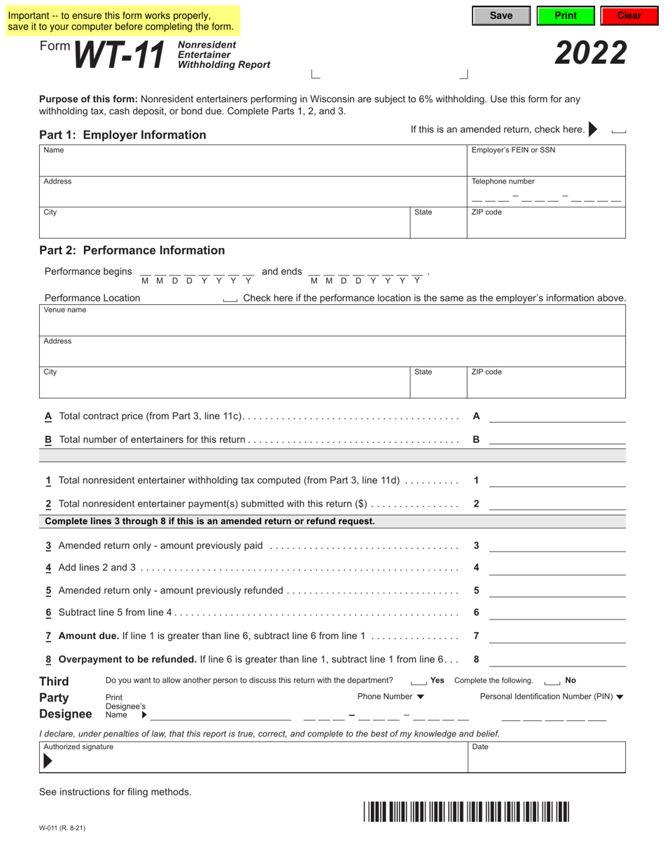 Form WT-11 (W-011) Nonresident Entertainer Withholding Report - Wisconsin, Page 1