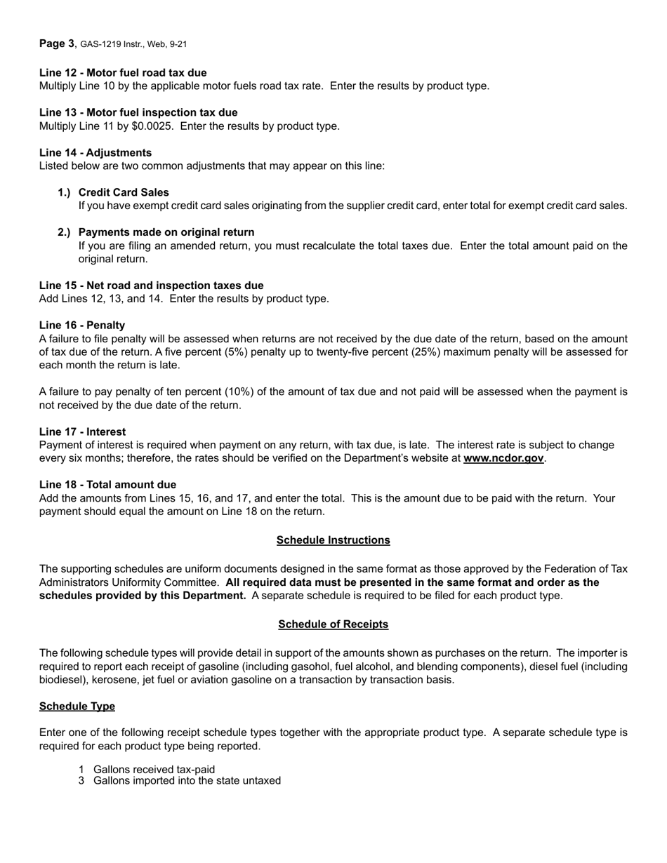 Instructions for Form GAS-1219 Motor Fuel Importer Return - North Carolina, Page 3