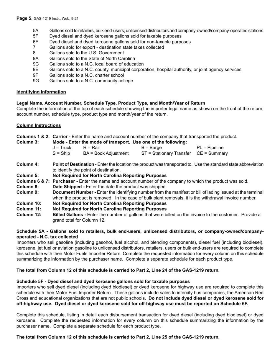Instructions for Form GAS-1219 Motor Fuel Importer Return - North Carolina, Page 5