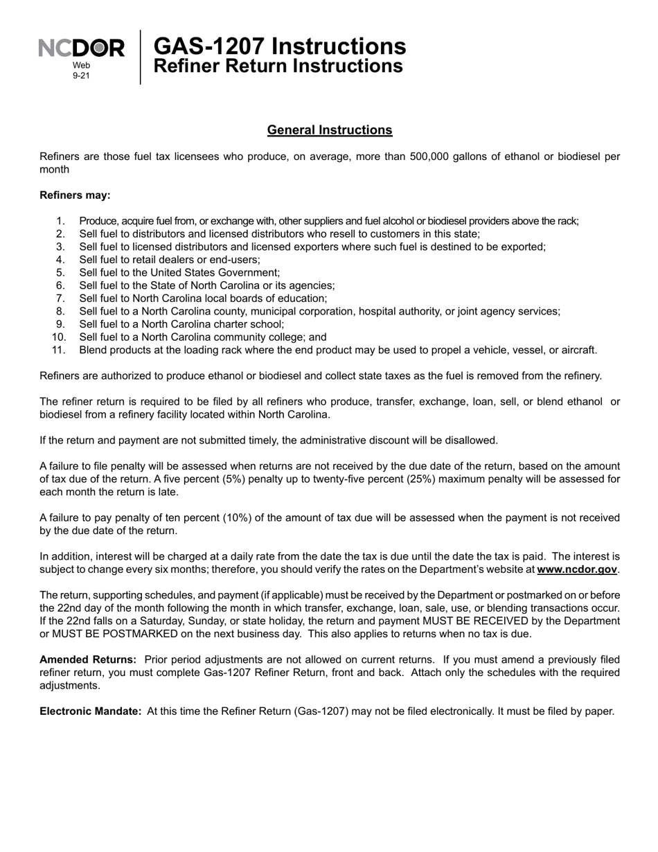 Instructions for Form GAS-1207 Refiner Return - North Carolina, Page 1