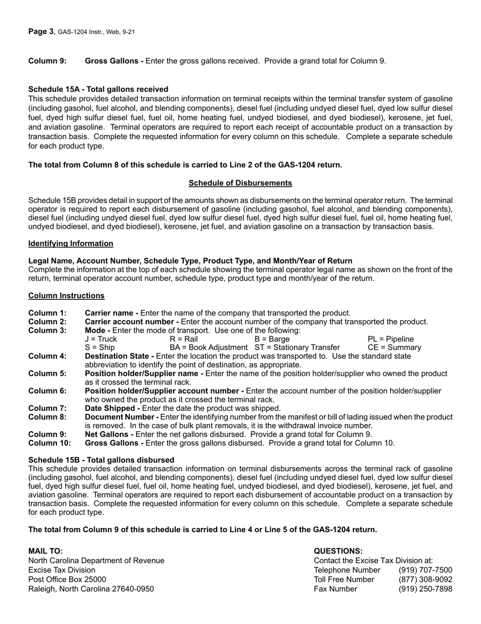 Instructions for Form GAS-1204 Motor Fuel Terminal Operator Return - North Carolina, Page 3