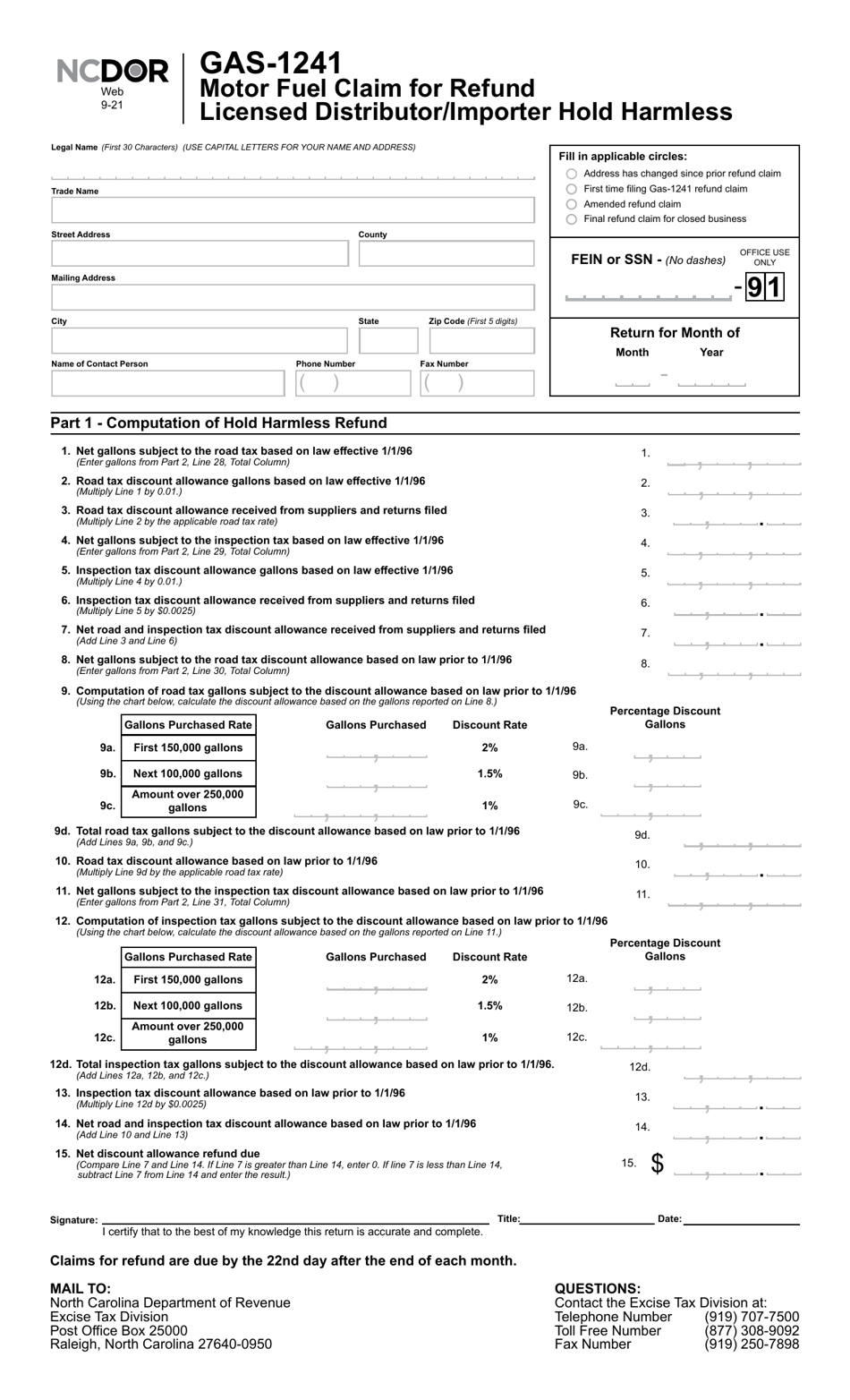 Form GAS-1241 Motor Fuel Claim for Refund Licensed Distributor / Importer Hold Harmless - North Carolina, Page 2