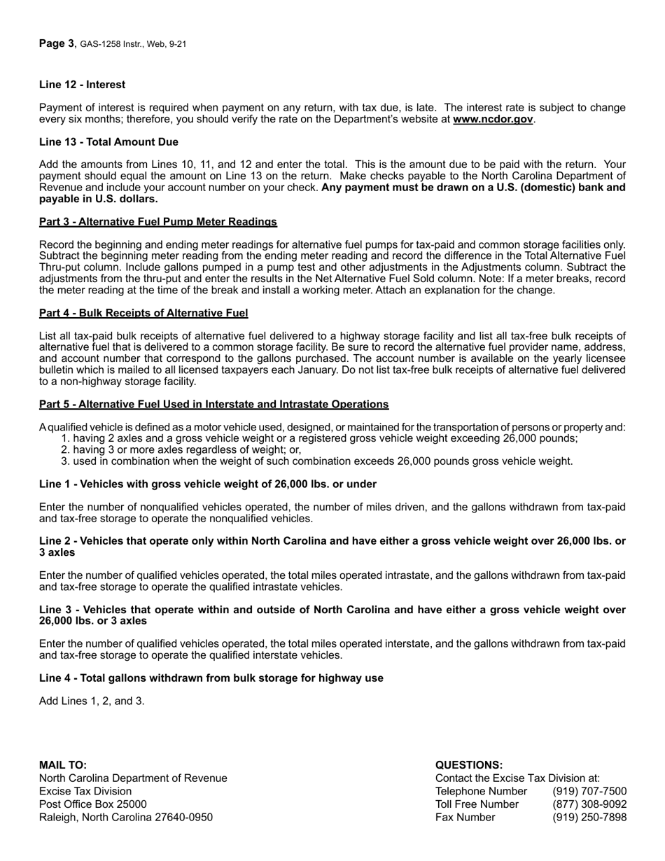 Instructions for Form GAS-1258 Retailer of Alternative Fuel Return - North Carolina, Page 3