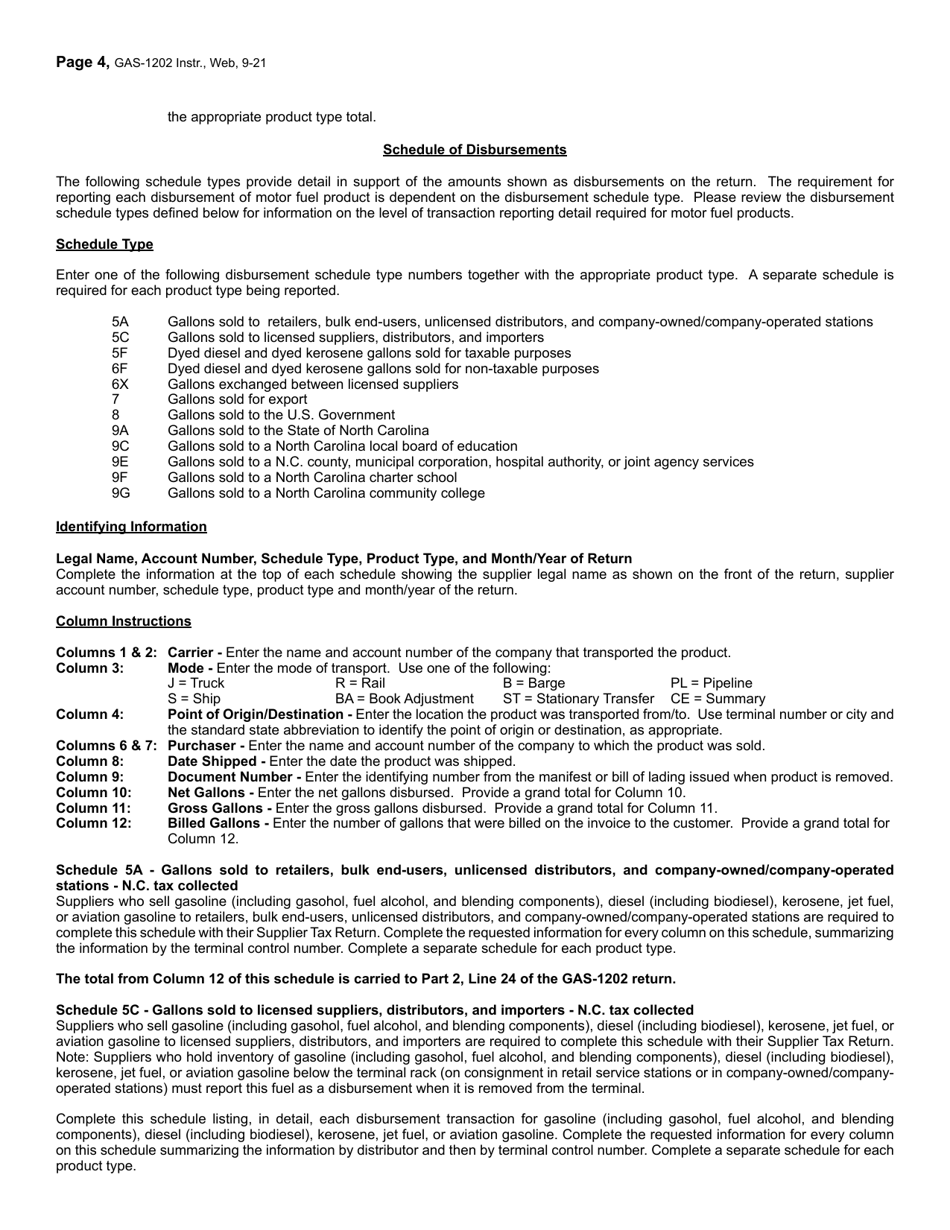 Instructions for Form GAS-1202 Motor Fuel Supplier Return - North Carolina, Page 4