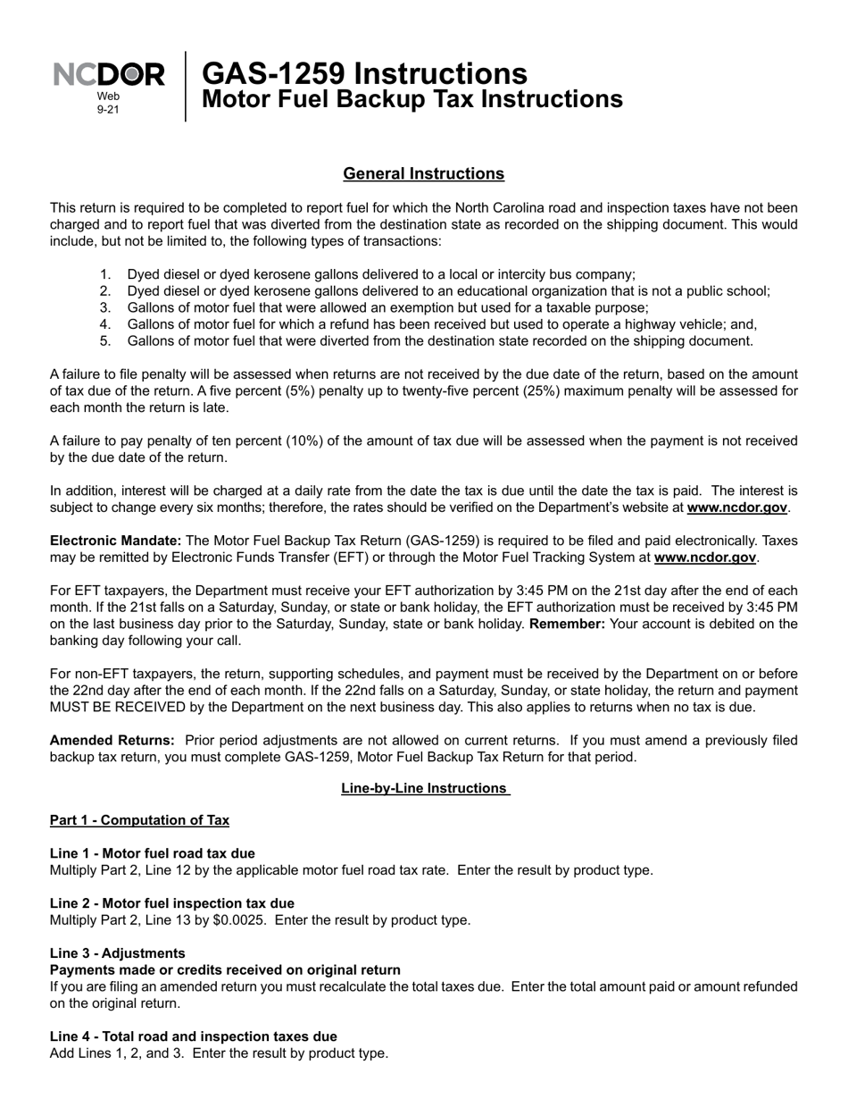 Instructions for Form GAS-1259 Motor Fuel Backup Tax Return - North Carolina, Page 1