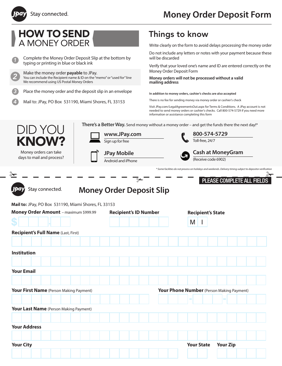 Money Order Deposit Form - Jpay - Michigan, Page 1