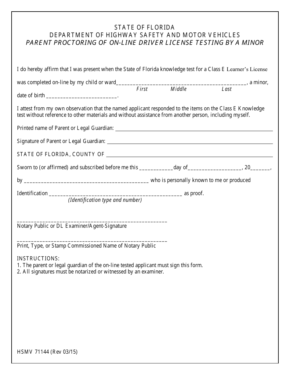 Form HSMV71144 Parent Proctoring of on-Line Driver License Testing by a Minor - Florida, Page 1
