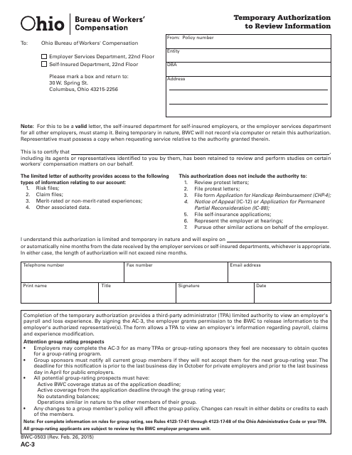 Form AC-3 (BWC-0503) Temporary Authorization to Review Information - Ohio