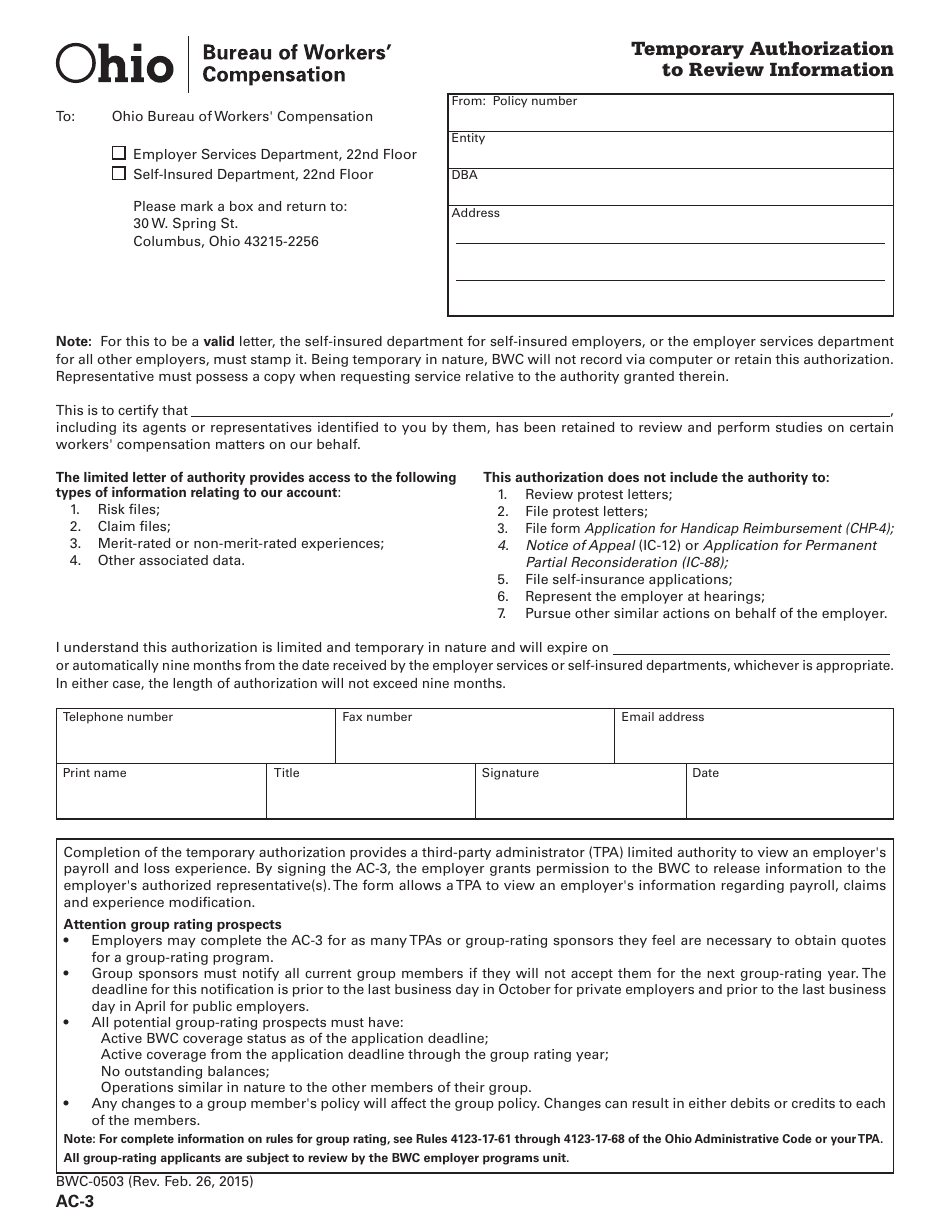 Form AC-3 (BWC-0503) Temporary Authorization to Review Information - Ohio, Page 1