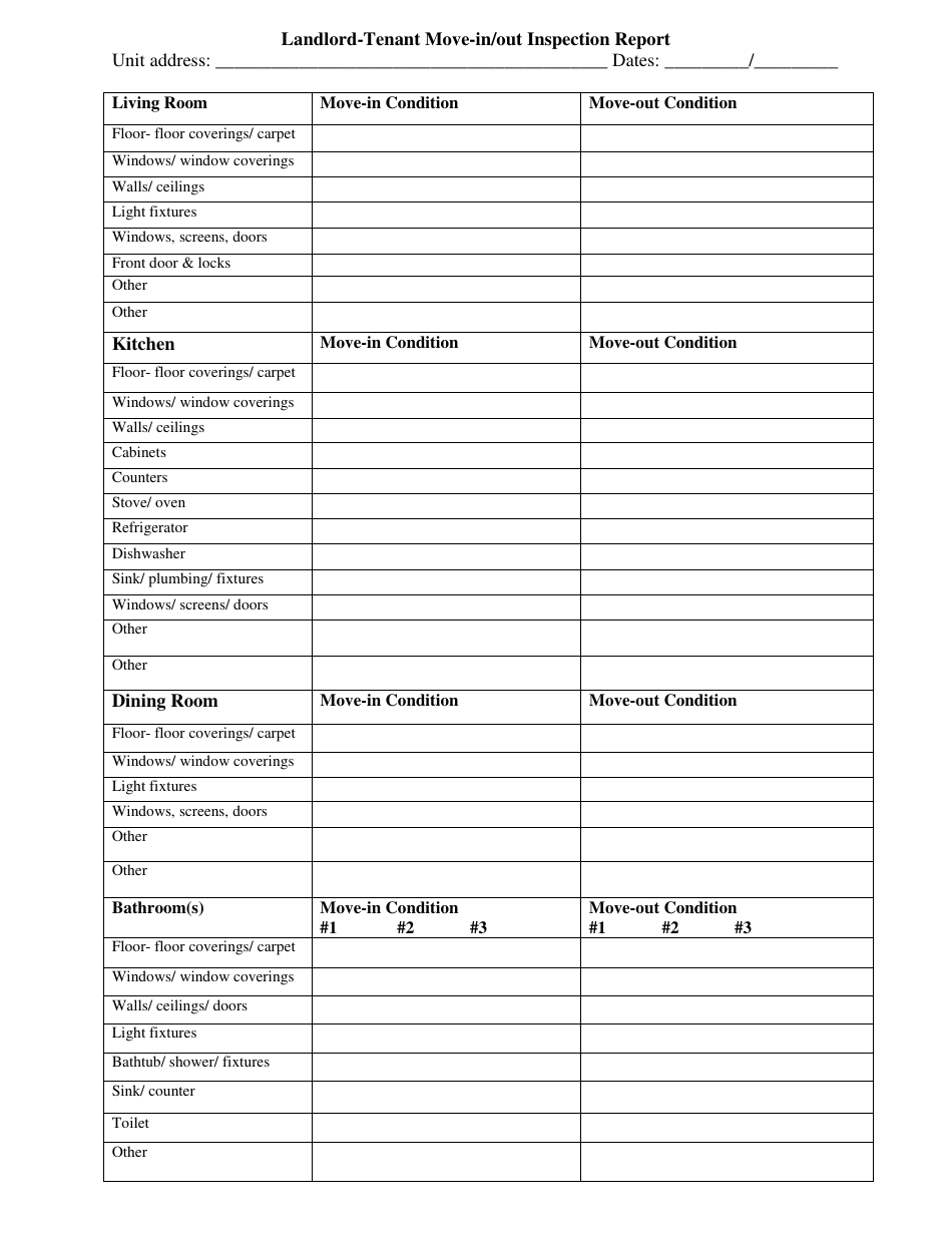 Landlord-Tenant Move-In / Out Inspection Report Form, Page 1