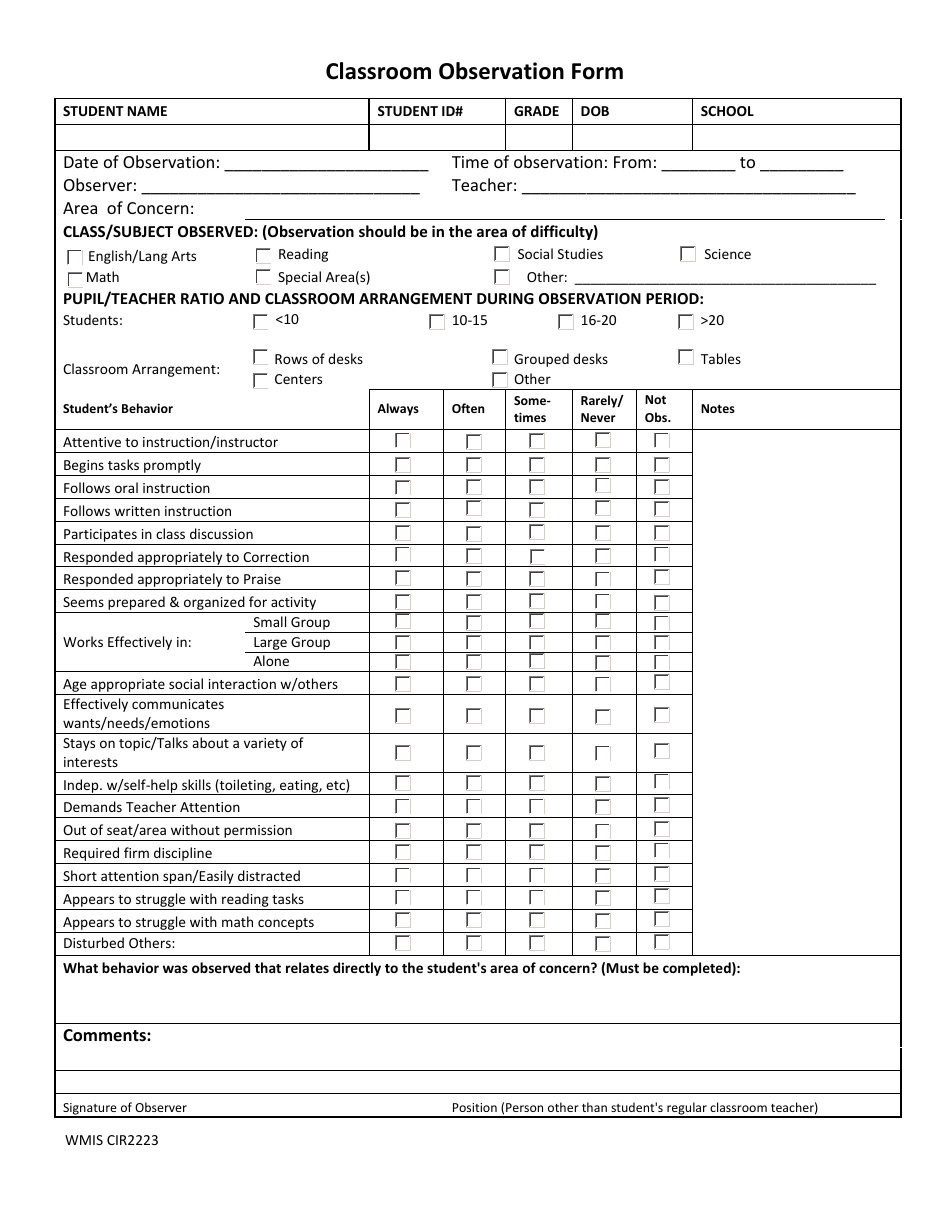Classroom Observation Form - Wakulla County Schools, Page 1