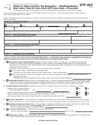 Form DTF-803 Claim for Sales and Use Tax Exemption - Title/Registration - New York