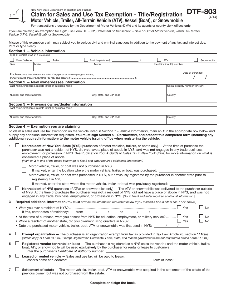 Form DTF-803 Claim for Sales and Use Tax Exemption - Title / Registration - New York, Page 1