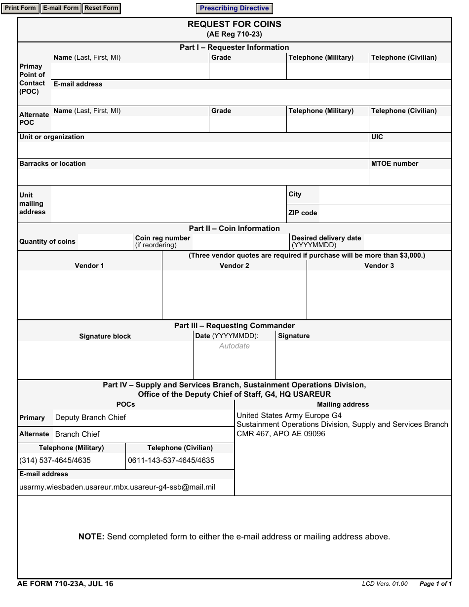 AE Form 710-23A Request for Coins, Page 1