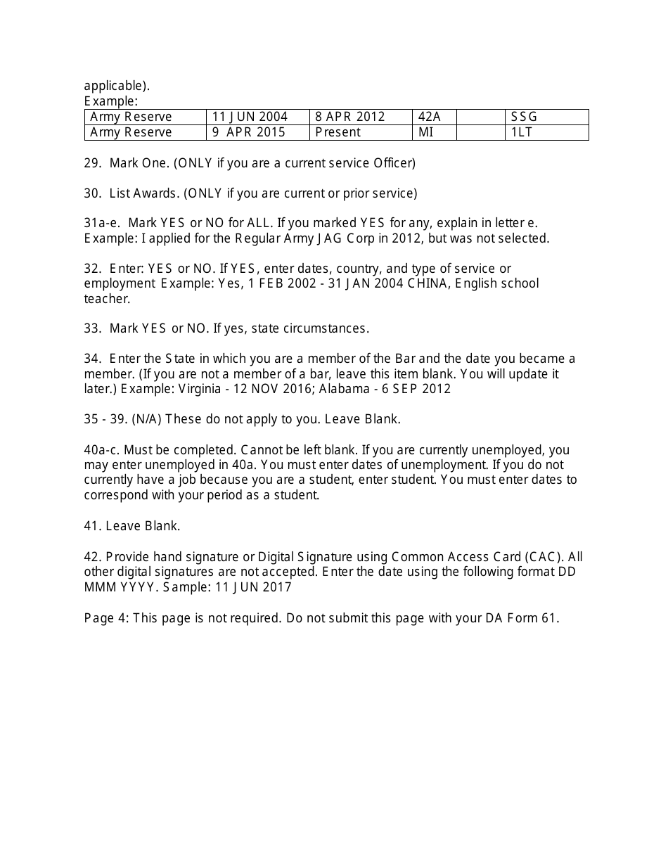 Instructions for DA Form 61 Application for Appointment, Page 3