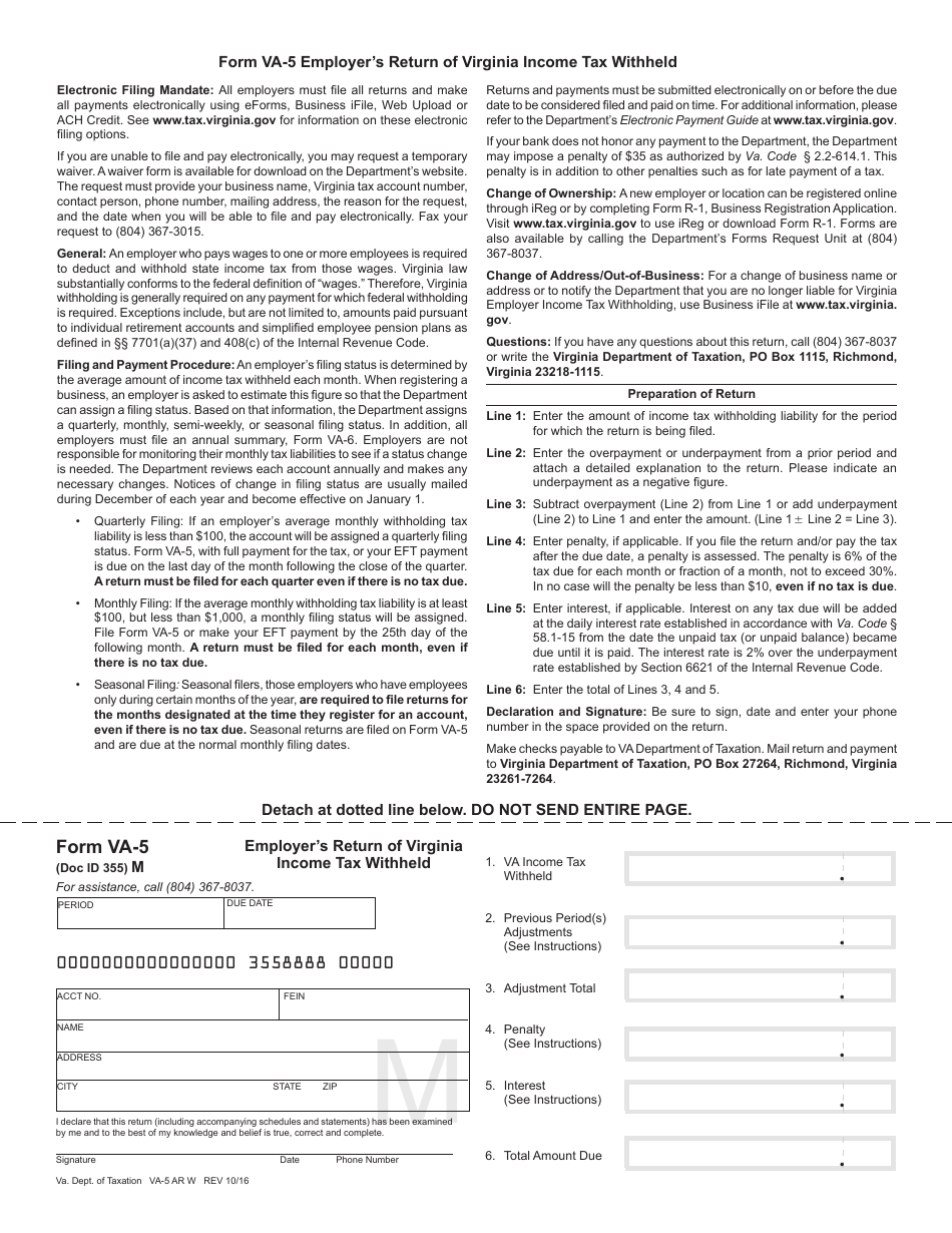Form VA-5 Employer Return of Virginia Income Tax Withheld for Monthly and Seasonal Filers - Virginia, Page 1