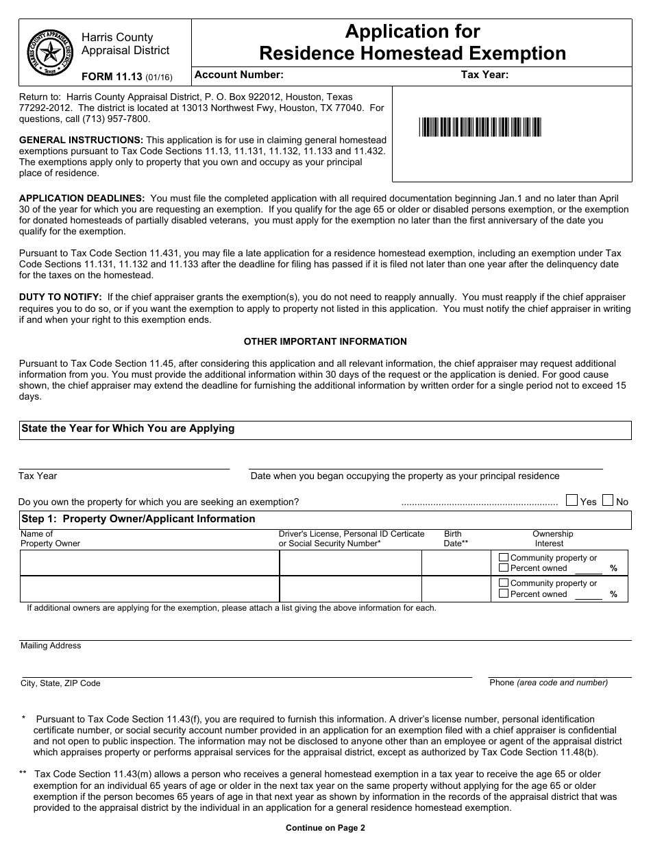 Form 11.13 Application for Residence Homestead Exemption - Harris County Appraisal District, Texas, Page 1