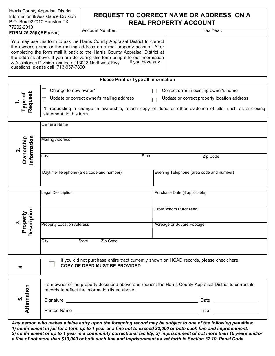 Form 25.25(b)RP Request to Correct Name or Address on a Real Property Account - Harris County Appraisal District, Texas, Page 1