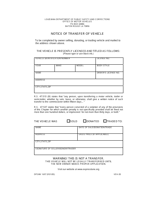 Form DPSMV1697 (VEH-30) Notice of Transfer of Vehicle - Louisiana