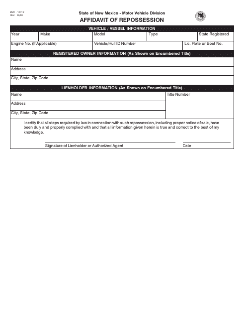 Form MVD-10012 Affidavit of Repossession - New Mexico