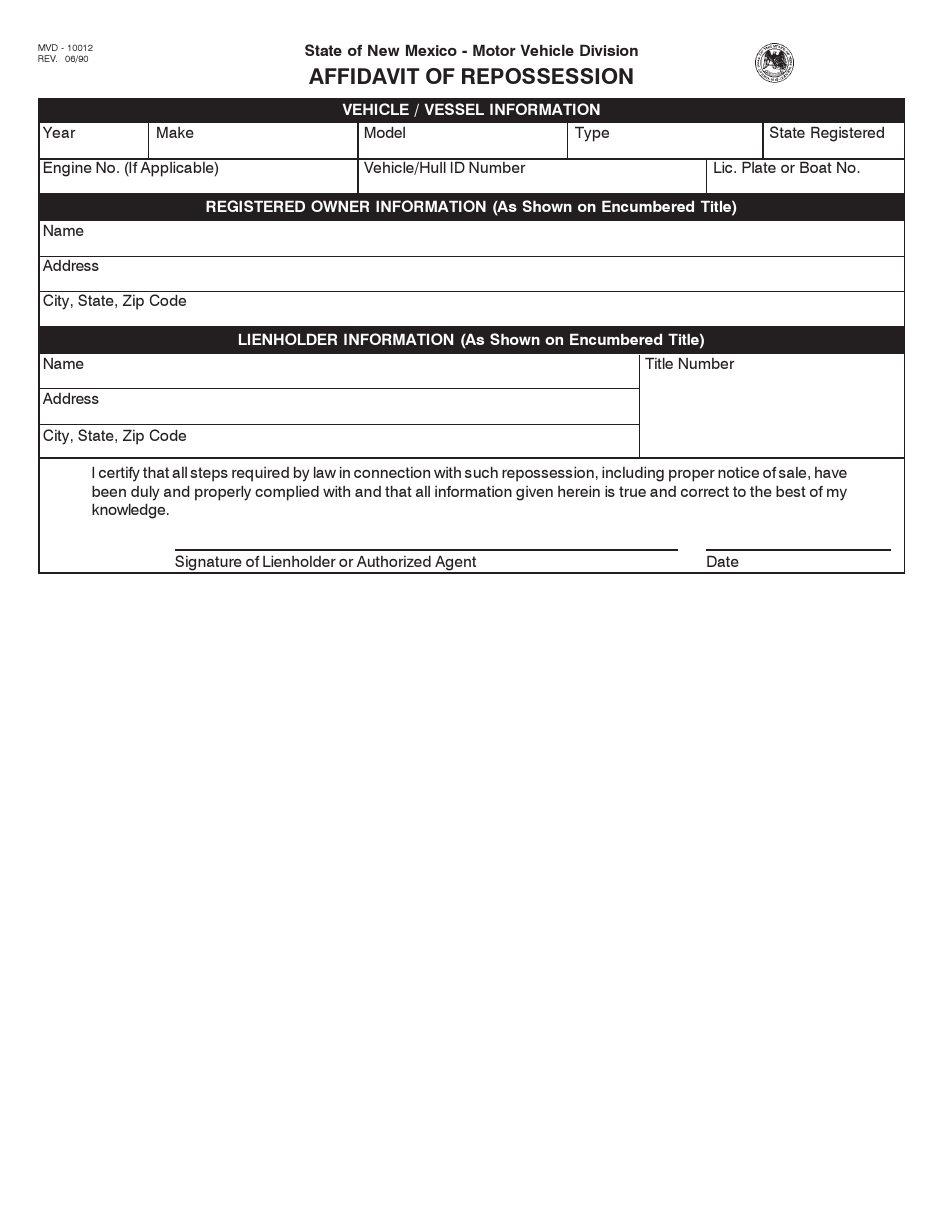 Form MVD-10012 Affidavit of Repossession - New Mexico, Page 1
