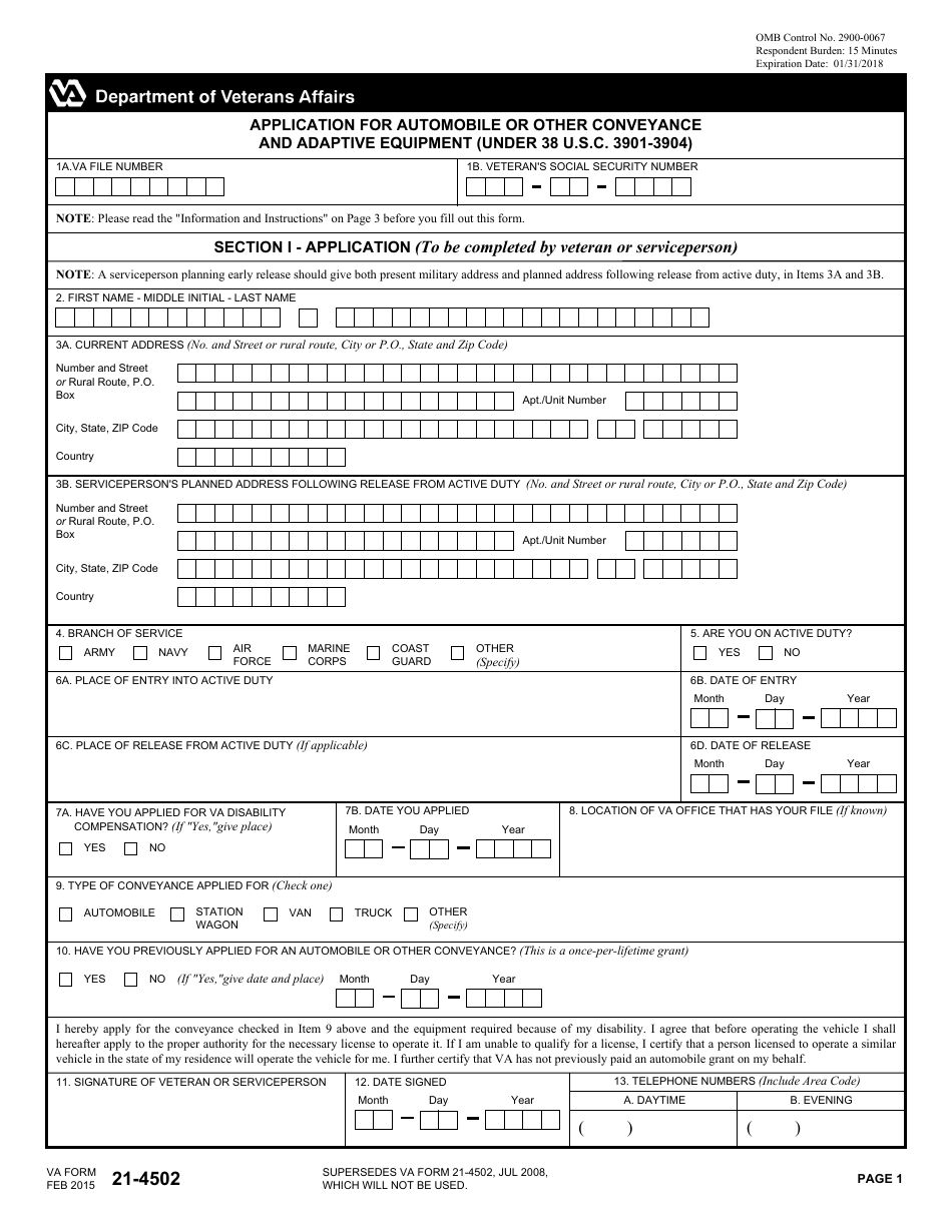 VA Form 21-4502 Application for Automobile or Other Conveyance and Adaptive Equipment, Page 1
