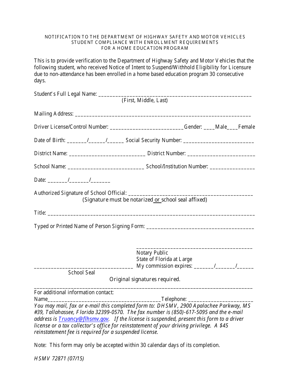 Form HSMV72871 Student Compliance With Enrollment Requirements for a Home Education Program - Florida, Page 1