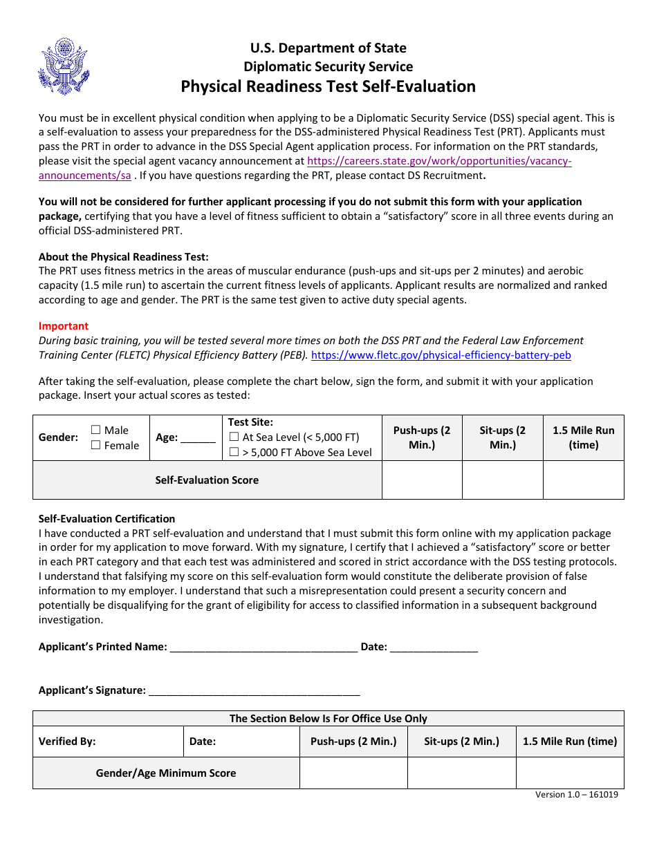 Physical Readiness Test Self-evaluation Form, Page 1