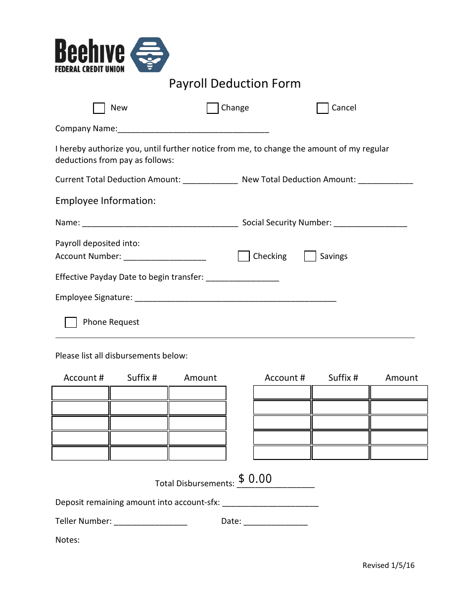 Payroll Deduction Form - Beehive Federal Credit Union, Page 1