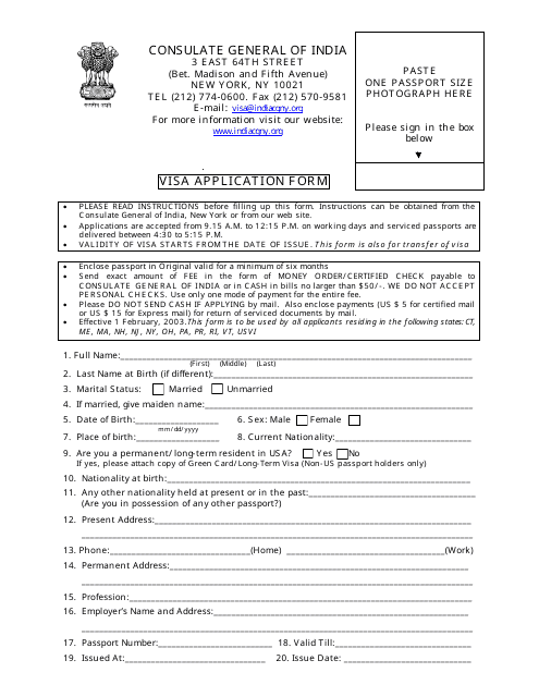 &quot;Indian Visa Application Form - Consulate General of India&quot; - New York City Download Pdf