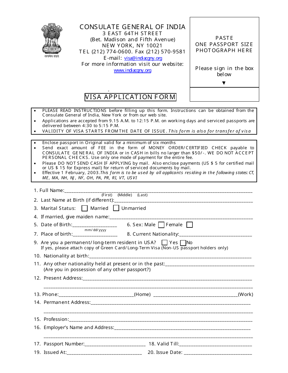 Indian Visa Application Form - Consulate General of India - New York City, Page 1