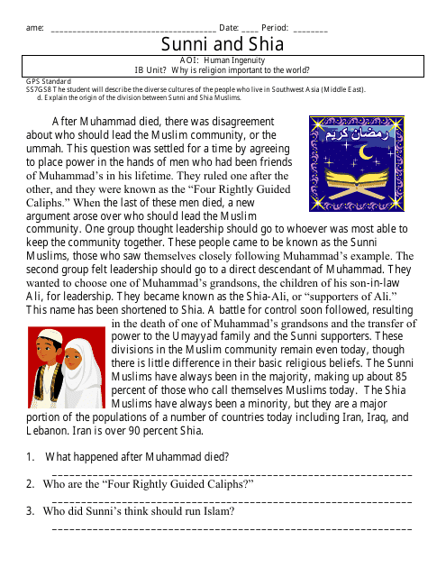 Gps Sunni and Shia Reading Comprehension Worksheet - 7th Grade - Georgia (United States)