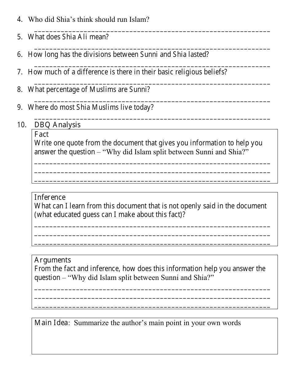 Gps Sunni and Shia Reading Comprehension Worksheet - 7th Grade - Georgia (United States), Page 2