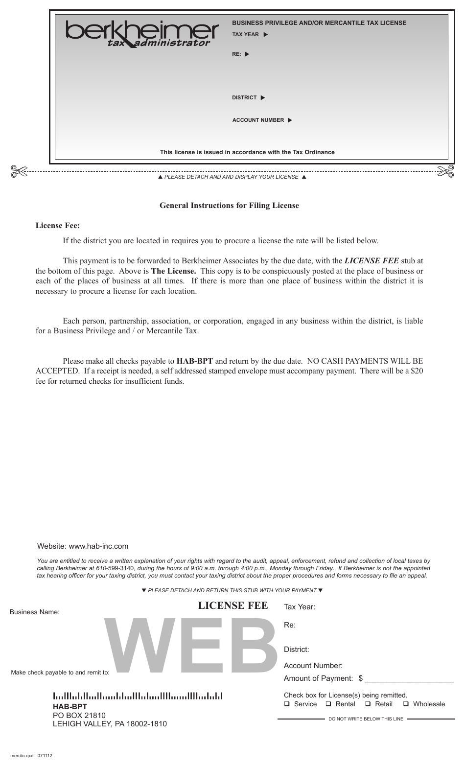 Business Privilege and / or Mercantile Tax License Form - Lehigh Valley, Pennsylvania, Page 1