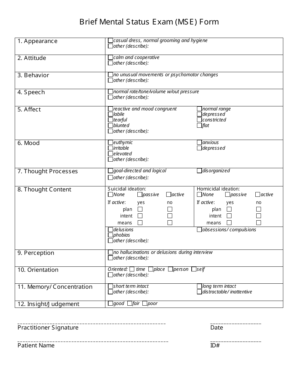 Brief Mental Status Exam (Mse) Form, Page 1