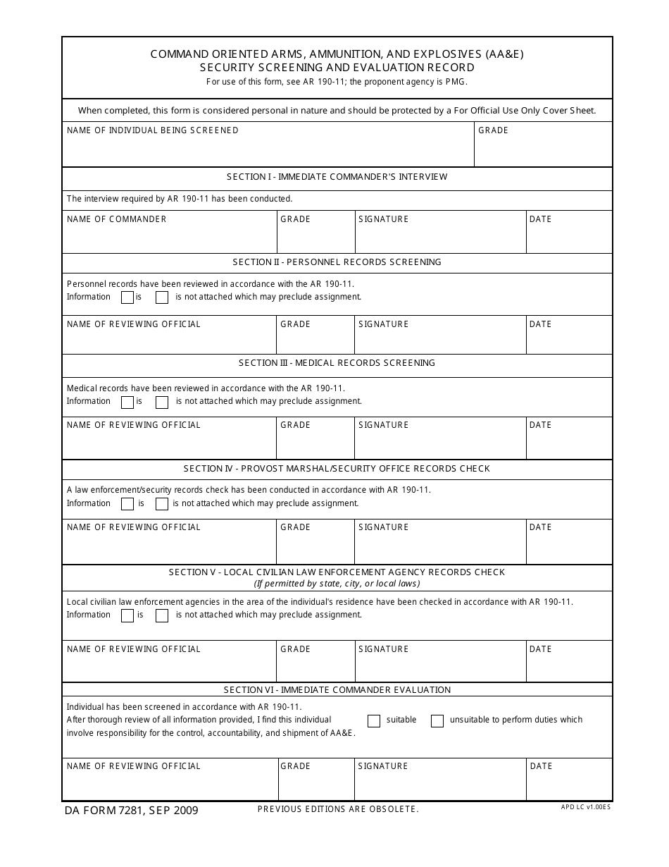 DA Form 7281 Command Oriented Arms, Ammunition, and Explosives (Aae) Security Screening and Evaluation Record (Fillable), Page 1