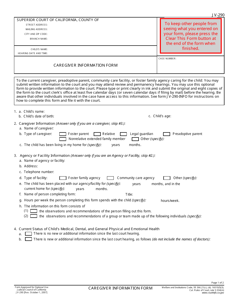 Form JV-290 Caregiver Information Form - California, Page 1
