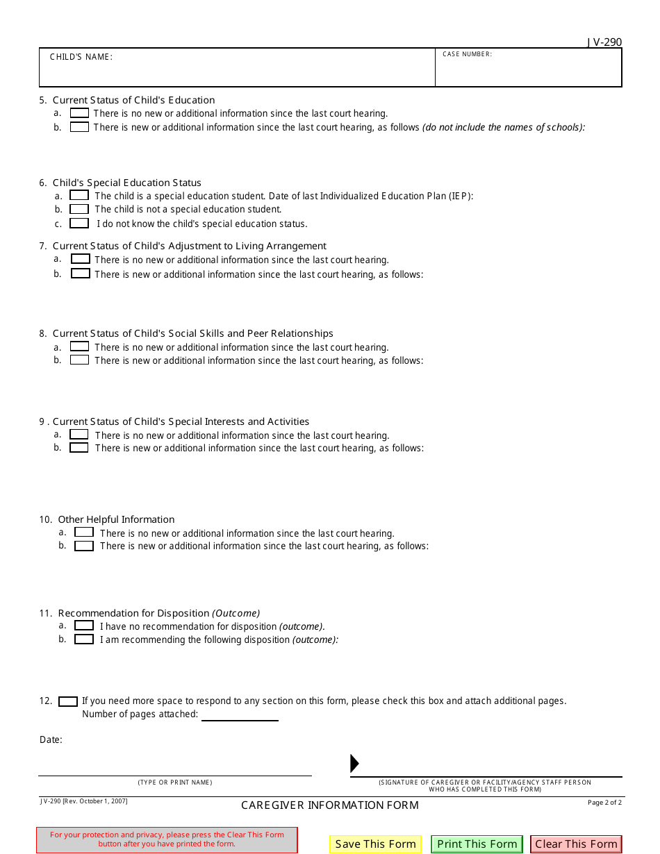 Form JV-290 Caregiver Information Form - California, Page 2