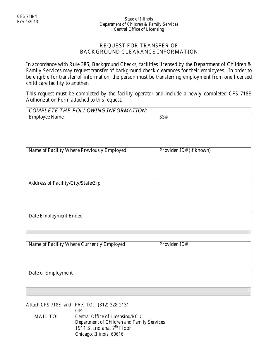 Form CFS718-4 Request for Transfer of Background Clearance Information - Illinois, Page 1
