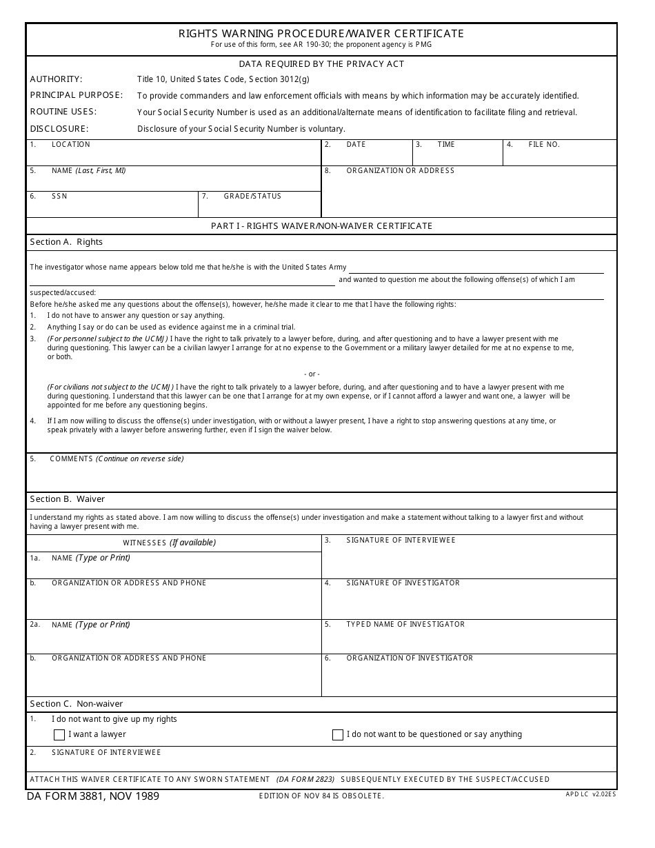 DA Form 3881 Rights Warning Procedure / Waiver Certificate, Page 1