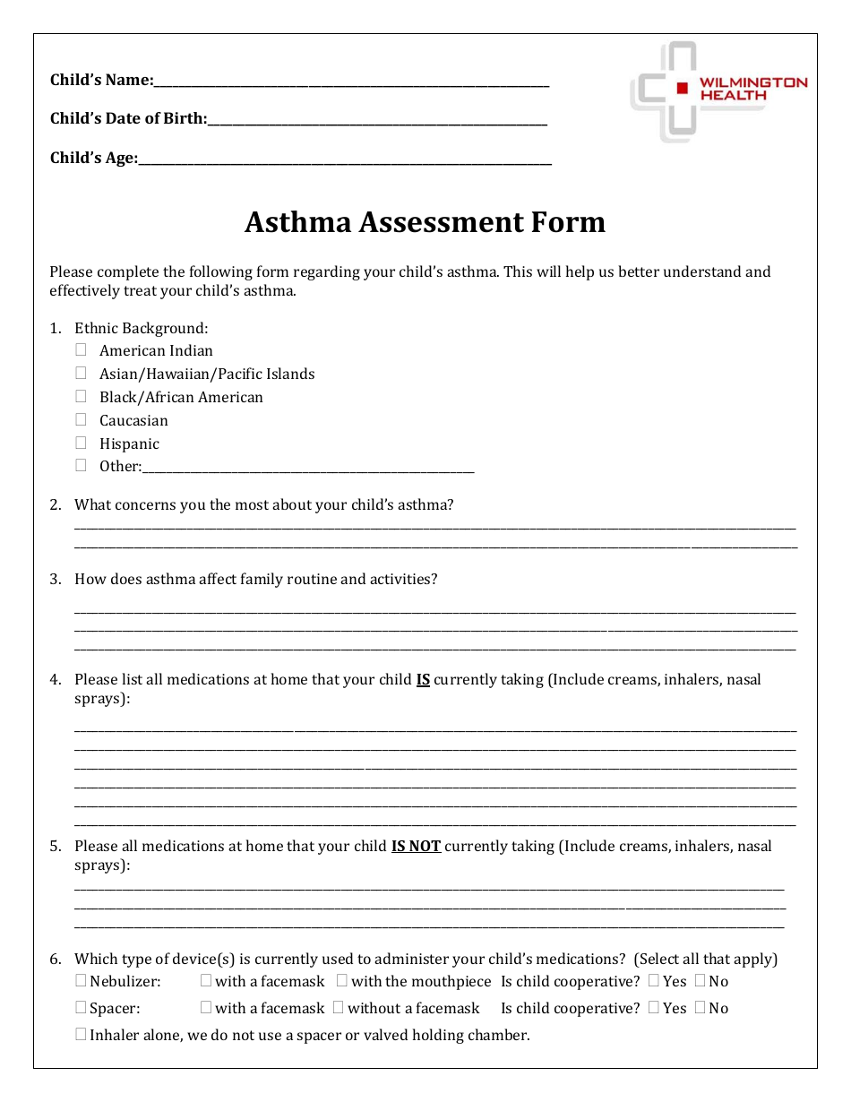 Asthma Assessment Form Wilmington Health Download Printable PDF