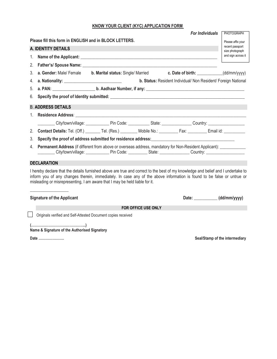 Know Your Client (Kyc) Application Form - India, Page 1