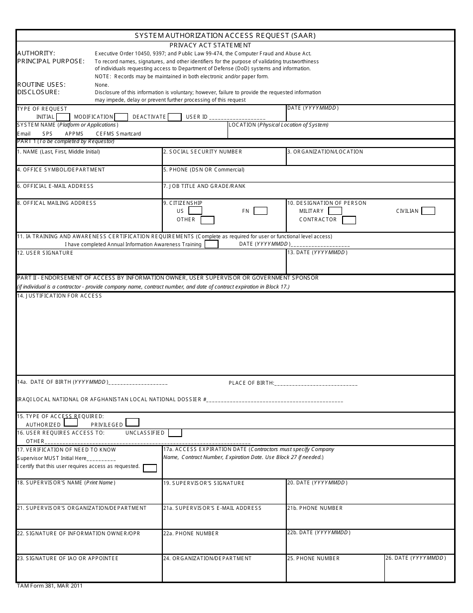 TAM Form 381 System Authorization Access Request (Saar), Page 1