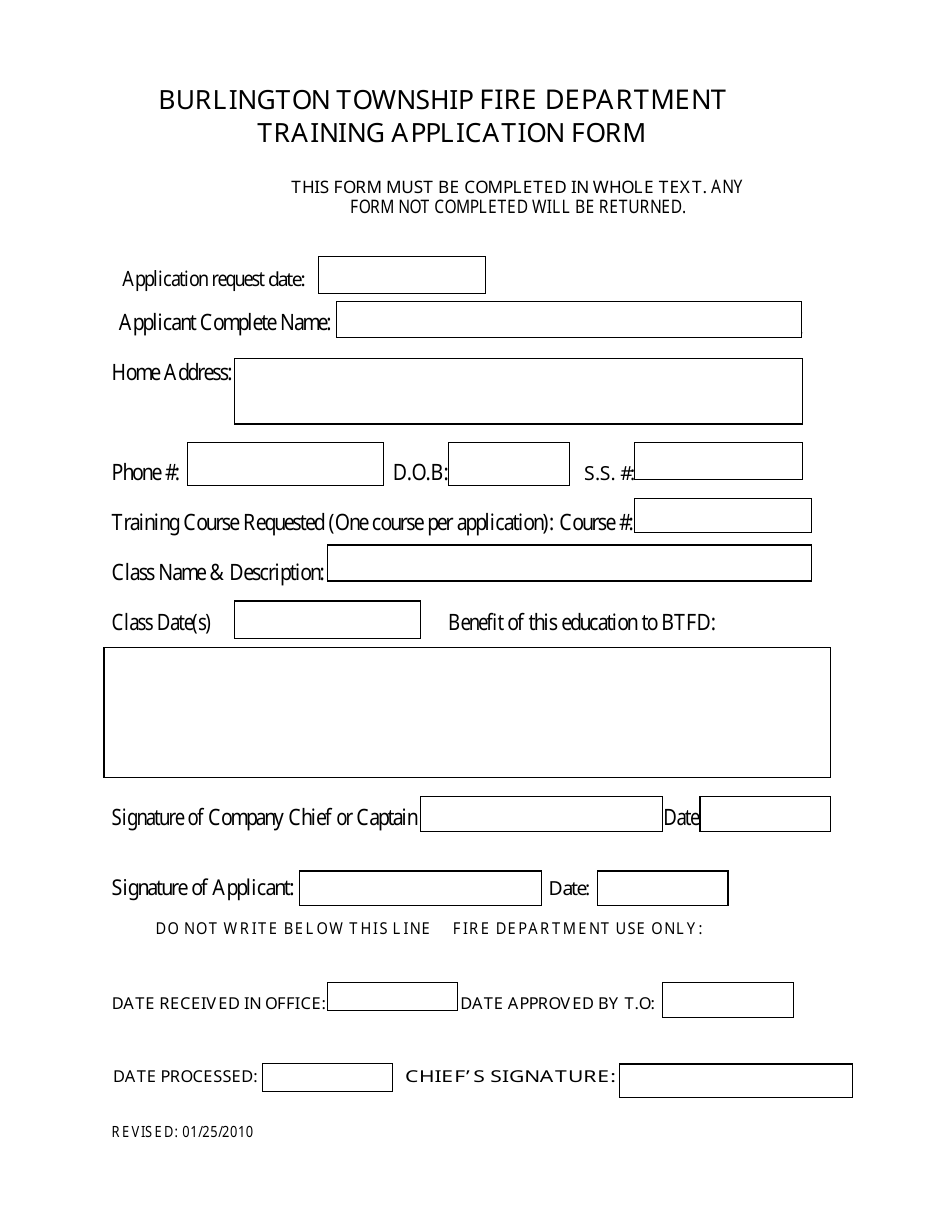 Training Application Form - Burlington Township, New Jersey, Page 1