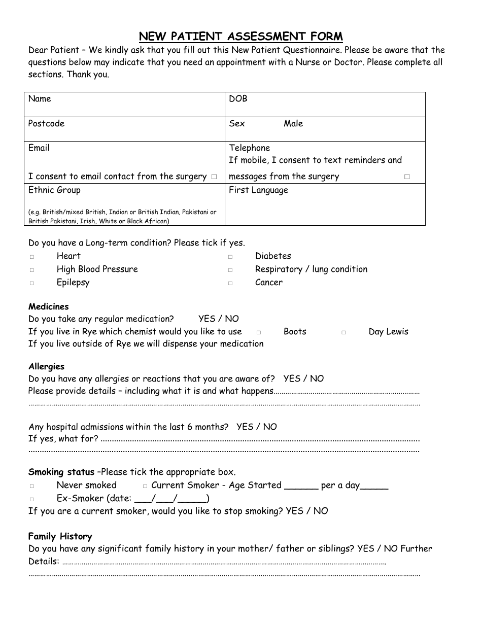 New Patient Assessment Form - Ferry Road Health Centre, Page 1