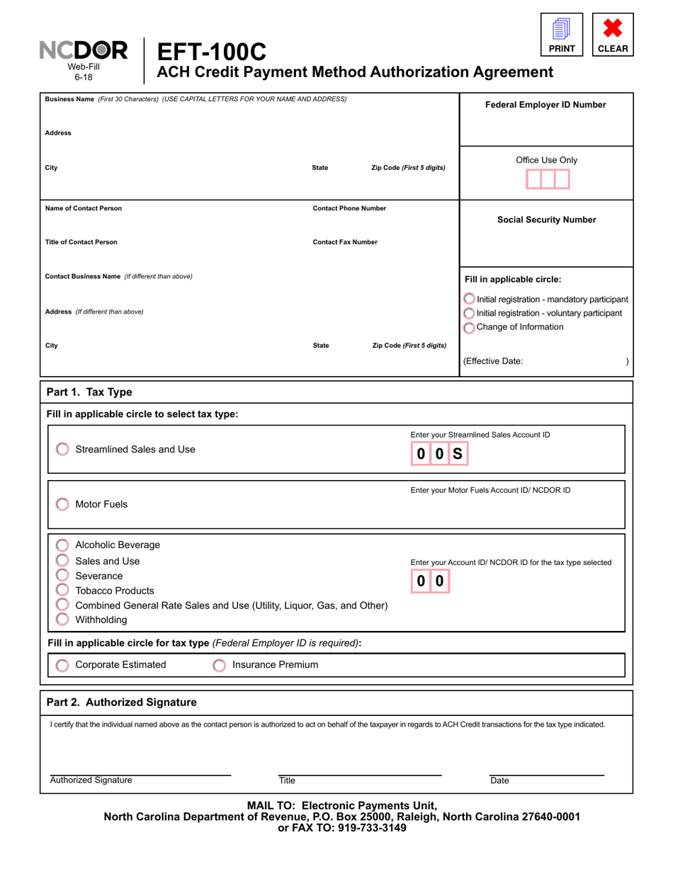 Form EFT-100C ACH Credit Payment Method Authorization Agreement - North Carolina, Page 1